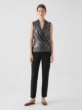 Cache Vintage Quiet Luxury Metallic Sleeveless Wrap Top in Pewter. Whimsygoth M